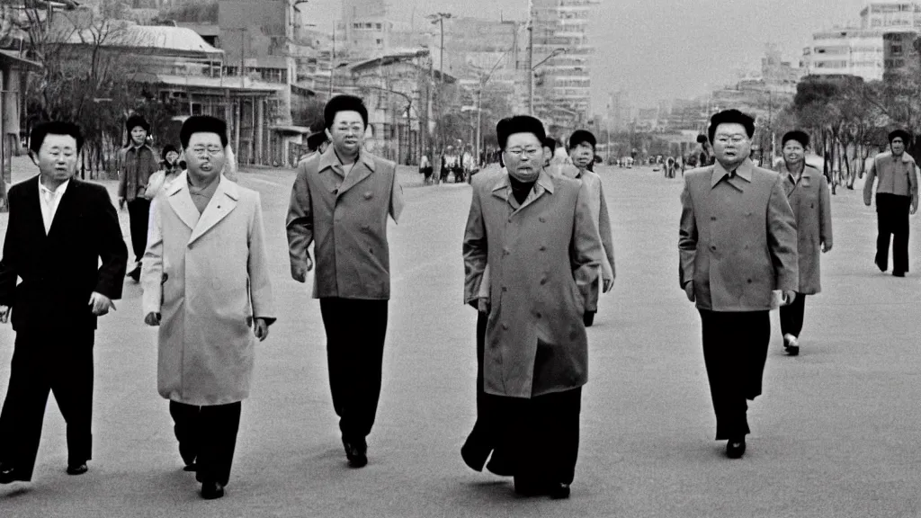 Image similar to kim jong - il walking in 1 9 6 0 s pyongyang, film noir thriller in the style of orson welles and andrei tarkovski