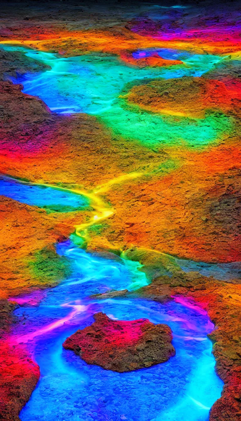 Prompt: a rainbow colored glowing river flowing from desert, wide angle view of 24 mm lens, vertical landscape, digital art style, highly detailed