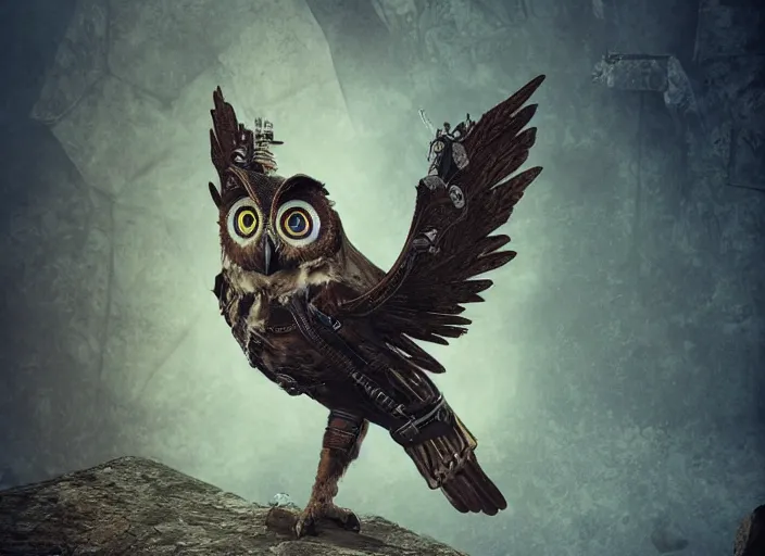 Image similar to a flying Warrior owl art nuveau, steampunk, symmetry, cinematic lighting , unreal engine,