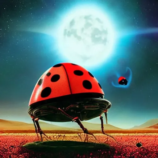 Prompt: film still, future ladybug ( ( descendants ) ), ladybug quadruped with big rgb eyes, huge ladybug mothership, epic cosmos, dramatic lighting, ( e. t. the extra - terrestrial ) imax, 7 0 mm.