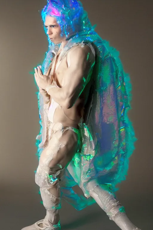 Prompt: full-body rococo and cyberpunk delicate neon crystalline sculpture of ((young muscular albino prince Jay Sean)) as an iridescent humanoid deity wearing a thin see-through ((plastic hooded cloak)) (holding a human skull) in a white castle dungeon, reclining con (((las piernas abiertas))), glowing pink face, crown of (white lasers), large diamonds, swirling black silk fabric. futuristic elements. oozing glowing liquid, full-length view. space robots. intricate artwork by caravaggio. Trending on artstation, octane render, cinematic lighting from the right, hyper realism, octane render, 8k, depth of field, 3D