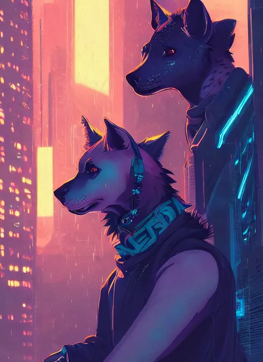 Image similar to beautiful portrait commission of a male furry anthro hyena fursona wearing skater clothes. Cyberpunk city at night in the rain. Neon light. Atmospheric. Character design by charlie bowater, ross tran, artgerm, and makoto shinkai, detailed, inked, western comic book art