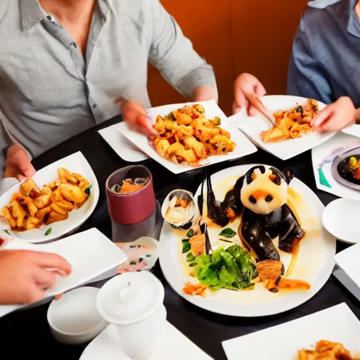 Prompt: a group of diners being served panda in a fancy restaurant, promotional picture, award winning, high quality, high resolution