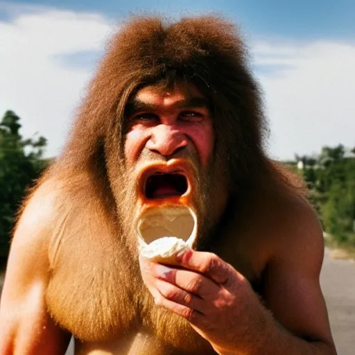 Image similar to photo of a neanderthal caveman eating ice cream