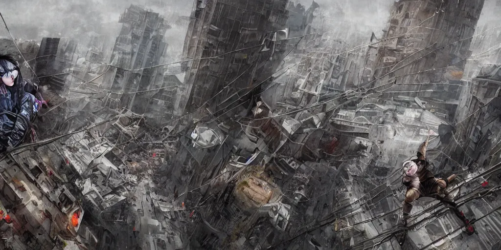 Image similar to cinematic shots of teenagers with tactical clothing and hoods hanging from wires on top of the capitol building covered with giant graffitis, dystopian future, industries in ruins, sci - fi, night lights, haze, concept art, intricate, in the style of katsuhiro otomo, akira, unreal engine