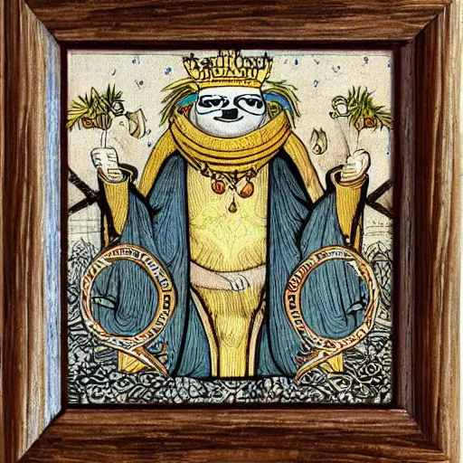 Prompt: sloth as the king of cups, framed, intricate details, medieval art style