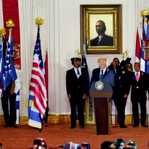 Prompt: presidential photo of Nicki Minaj, centered in the middle of the picture, flag of Argentina behind on the left side, background out of focus