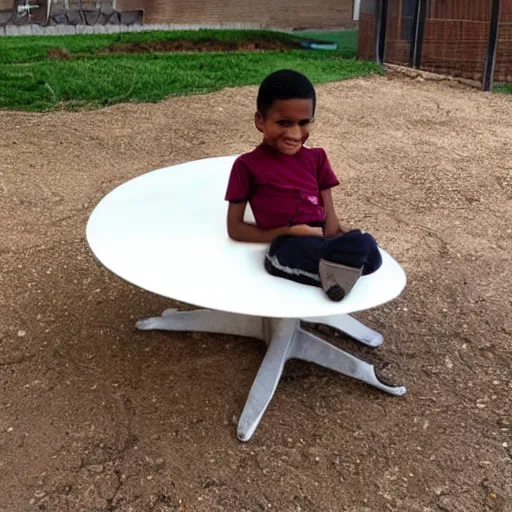 Prompt: a kid sitting on a chair that looks like a half moon