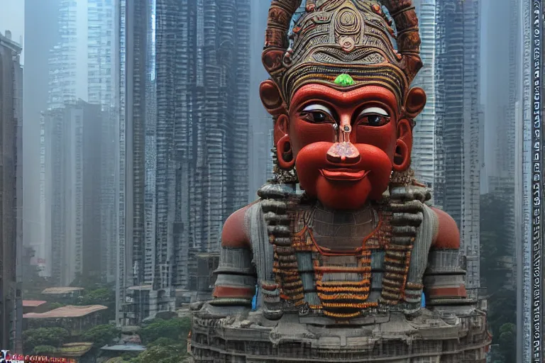 Image similar to high quality 3 d cyberpunk biomorphic hanuman head building in the middle of mumbai!!, kalighat highly detailed, cinematic smooth, stephen shore & john j. park, soft morning light, wide shot, high angle, uhd 8 k, deep focus