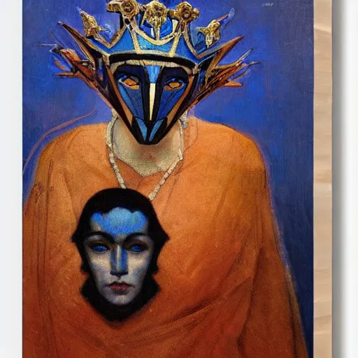 Image similar to the corvid crown, by Annie Swynnerton and Nicholas Roerich and Diego Rivera, blue skin, elaborate costume, geometric ornament, rich color, dramatic cinematic lighting, smooth, sharp focus, extremely detailed