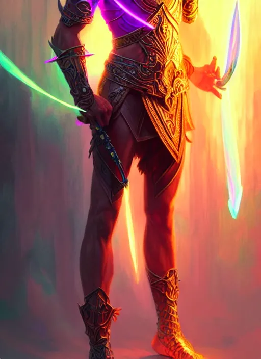 Image similar to meditative male elf spellsword, dnd fantasy character full - body portrait, glowing neon skin, magical aura, ultra realistic, intricate, elegant, highly detailed, digital painting, artstation, smooth, sharp, focus, illustration, art by artgerm and greg rutkowski and alphonse mucha