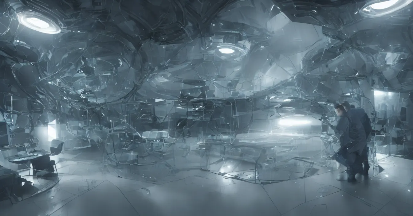 Prompt: realistic image from scifi movie with desperate scientist being sucked into refractive tesseract, in futuristic laboratory room, particles with difractions, reflections, volumetric fog light, dark atmosphere, dramatic cinematic composition, depth, defocus, rendered in vray, raytracing, raymarching, by ilm, digital domain, weta digital