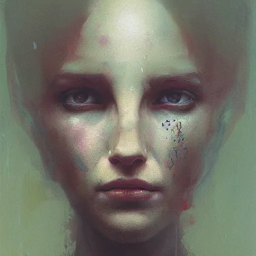 Image similar to A portrait of a woman, art by Greg Rutkowski and Zdzisław Beksiński