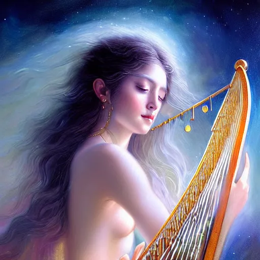 Prompt: a high quality realistic portrait of a very very beautiful! celestial goddess of life playing a mystical exotic looking harp and springing life into the universe, highly detailed, intricate, sharp focus, fantasy, mystical, dreamlike, by WLOP and greg rutkowski