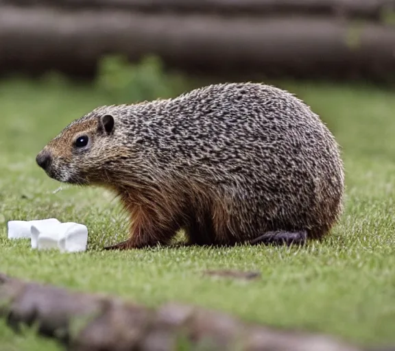 Prompt: a groundhog eating a marshmallows