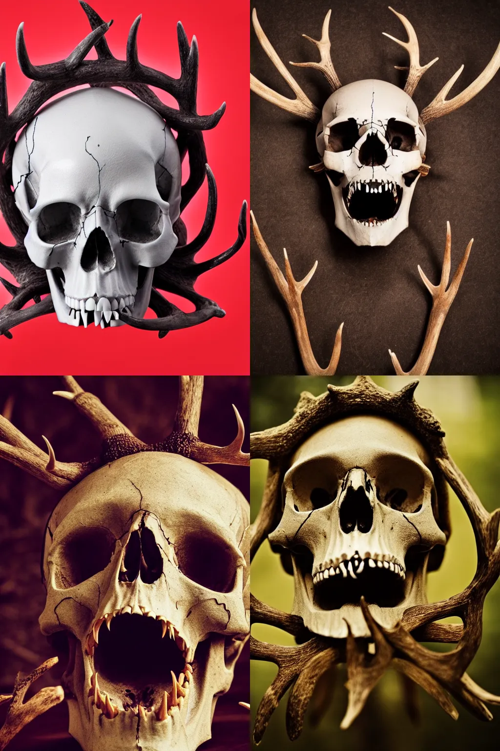 Prompt: photo of a human skull with antlers and long fangs, 4k, high quality, very detailed