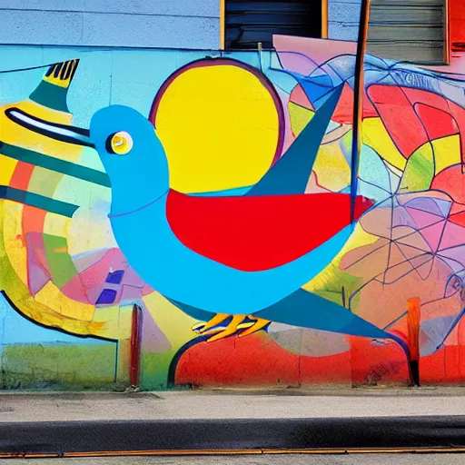 Prompt: by howard schatz, by richard scarry mild. a beautiful street art of a large, colorful bird with a long, sweeping tail. the bird is surrounded by swirling lines & geometric shapes in a variety of colors