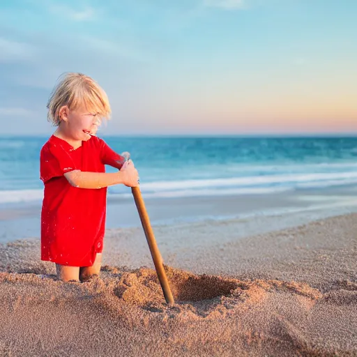 Image similar to little blond girl, making a sandcastle!!! on an Australian Beach, (((red)))!!! sand, shovel, waves, golden hour, Canon EOS R3, f/1.4, ISO 200, 1/160s, 8K, RAW, unedited, symmetrical balance, in-frame