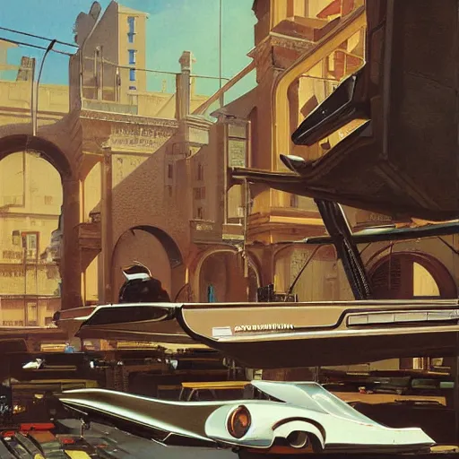 Prompt: detailed painting of a vintage computer warehouse with roman architecture and flying cars, artstation, syd mead, cinematic