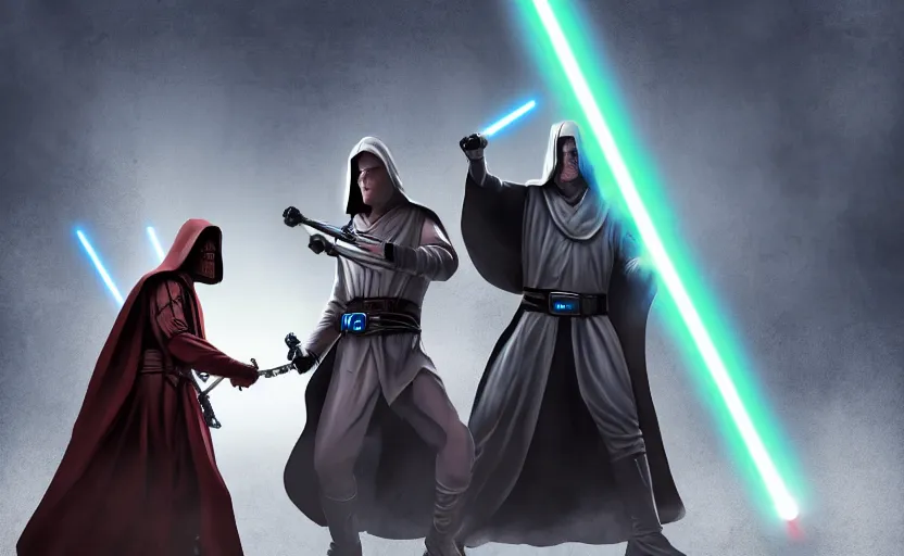 Prompt: epic standoff between a robed Jedi and a Sith, lightsabers in hand, ancient High Republic stone temple environment, high contrast, 8k clean fantasy comic book cover illustration