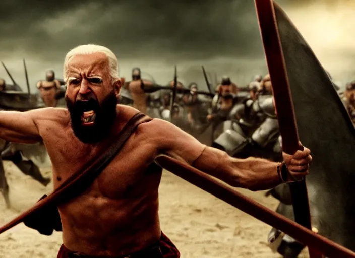 Image similar to cinematic film still of joe biden as leonidas shouting in 3 0 0 movie, 8 k, epic moody sky, dramatic lighting