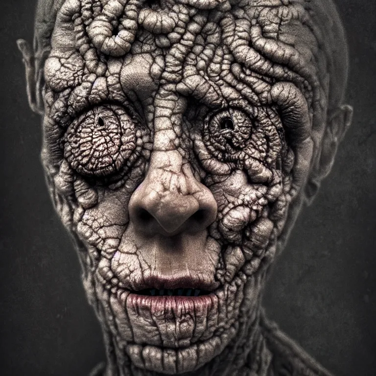 Image similar to ribbed abandoned face portrait, baroque painting, standing in a desolate empty wasteland, creepy, nightmare, dream-like heavy atmosphere, surreal abandoned buildings, beautiful detailed intricate insanely detailed octane render trending on Artstation, 8K artistic photography, photorealistic, chiaroscuro, Raphael, Caravaggio, Beksinski, Giger