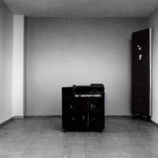 Prompt: Photograph of an old black room with a TV playing an emergency warning, dust in the air, brown wood cabinets, SCP, taken using a film camera with 35mm expired film, bright camera flash enabled, award winning photograph, sleep paralysis demon in corner, creepy, liminal space, in the style of the movie Pulse