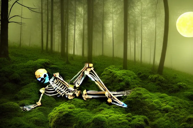 Image similar to a burning with fire human skeleton sitting behind computer, overgrown with moss, in foggy forest, at night with moon light, dark atmosphere, fantasy, digital art