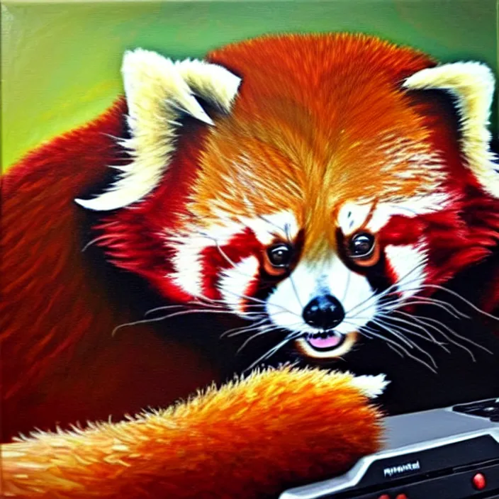 Image similar to an oil painting of a red panda playing video games on a pc, furry, gamer, oil on canvas, cute, highly detailed, soft lighting, pretty