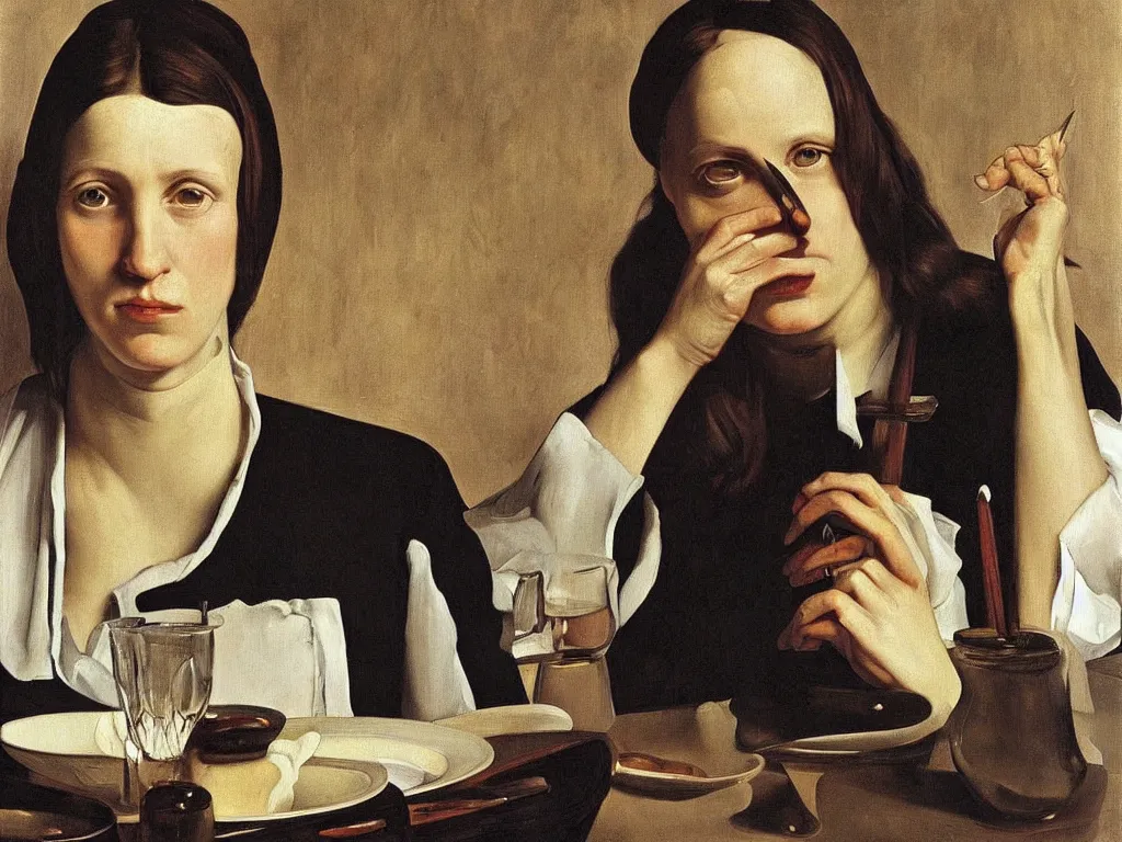 Prompt: Portrait of a sad waitress. Painting by Georges de la Tour, Lucian Freud