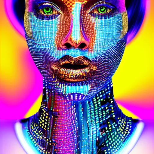 Image similar to hyperdetailed masterpiece portrait of a glossy dark blue metallic statue of a woman covered in colorful glowing digital circuits and hexagons, symmetrical, in the style of virgil abloh, offwhite, heron prestorn, denoise, vogue, paris, fashion, louvre museum, highly detailed, realistic, hyperreal, 8 k, 4 k, render