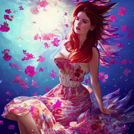 Prompt: Triss Merigold in a swirling sundress of flowers, underwater, floral explosion, radiant light, vortex of plum petals, by WLOP, Tristan Eaton and artgerm, artstation, deviantart