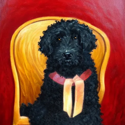 Prompt: a small black labradoodle sitting on a throne in hell. award - winning. oil painting. expressive.