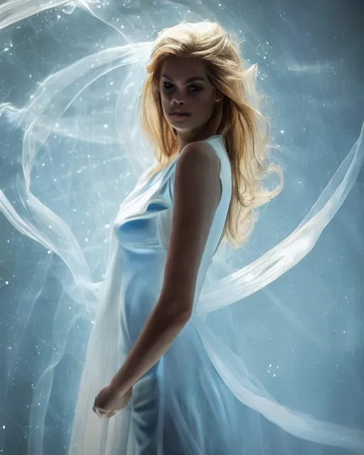 Prompt: annie leibovitz style photoshoot editorial of samara weaving as sue storm, the invisible woman from the fantastic four, she is wearing a beautiful iridescent shimmering, glowing jellyfish like wedding dress made from her force field powers, hyperreal, magical, translucent, iridescent, studio lighting, soft focus, bokeh, 5 0 mm