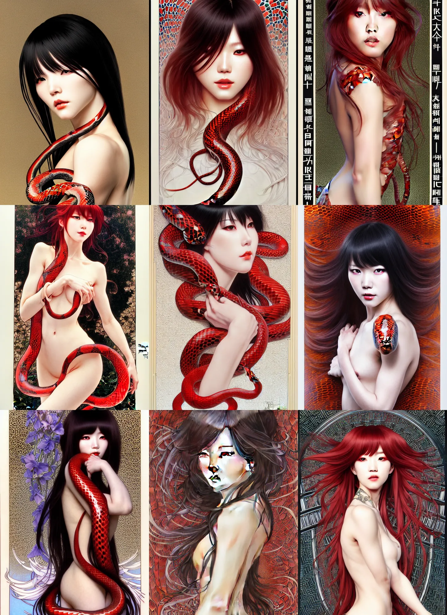 Prompt: full length complex 3 d hyper realistic smooth ultra sharp render of a gorgeous female with red snake skin, short white long hair with long bangs, solid black eyes | art by oh jinwook + 吵 集 仁 儿 on artstaion + takeshi obata + alphonse mucha + jim lee