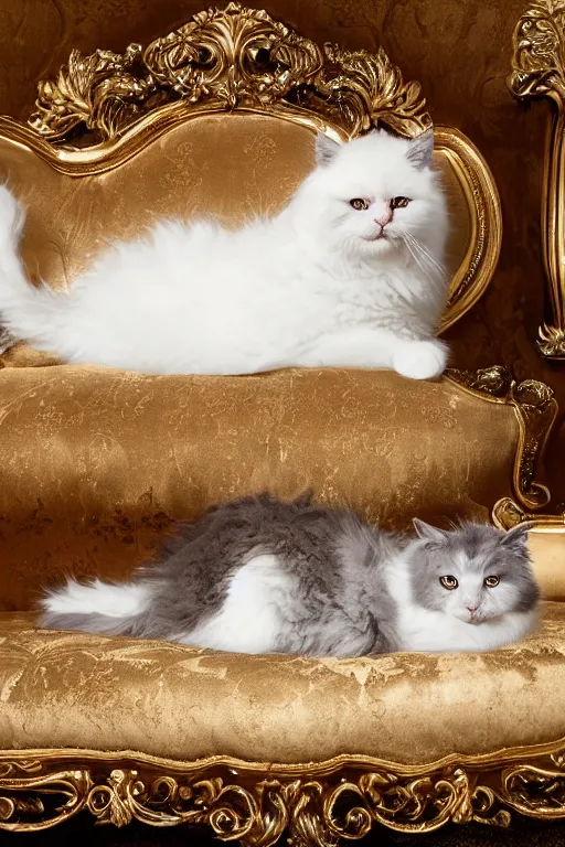 Image similar to a silver gelatin photo portrait of a magnificent fluffy fat royal cat on an embroidered velvet cushion on a neo - rococo gilded little bed, by david lachapelle, photorealistic, photography, wide shot