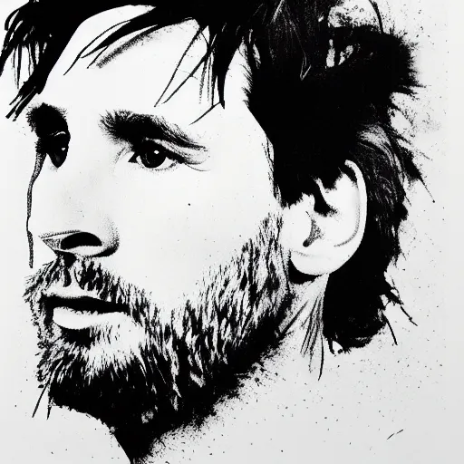 Image similar to a portrait of Lionel Messi, made by Andy Warhol, two tone, very high contrast, only black and white, simplistic, extremely high contrast, two tone, notan art, by Andy Warhol, minimalistic,