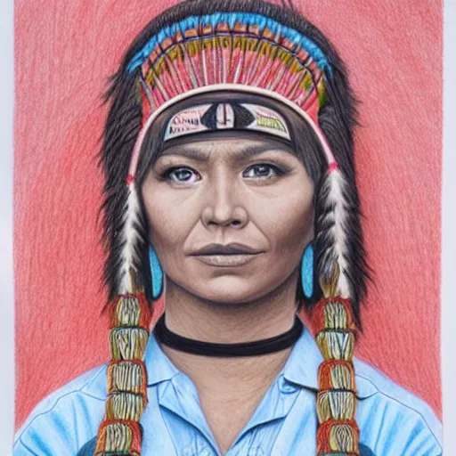 Prompt: a beautiful first nation woman, ultra detailed colored pencil drawing in style bellerose and desjarlais,