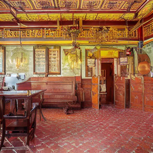 Prompt: abandoned photograph, ornate chinese restaurant interior, two-point perspective