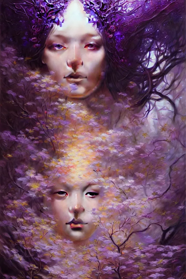 Image similar to ultra detailed photo realistic portrait painting of the empress of the enchanted purple forest, volumetric lighting, by karol bak, greg rutkowski, peter mohrbacher and miho hirano, film poster