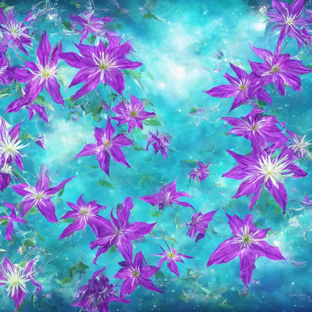 Image similar to clematis theme logo, clematis theme banner, clematis design, clematis in the deep sea, clematis like stars in the sky, trending on artstation, warm light, lovely and cute, fantasy art, 8 k resolution