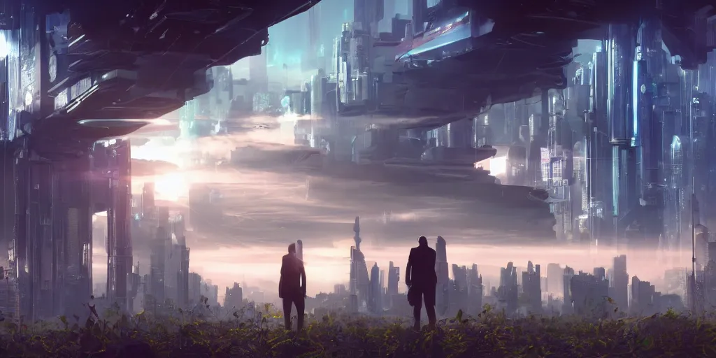 Image similar to a cinematic composition depicting : a translucid crystal - being viewing how a high tech lush solarpunk tribe with their technology is encroaching on a distant cyberpunk world with white clad buildings at sunrise