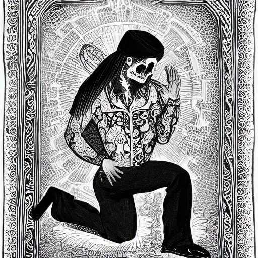 Prompt: skullfaced mexican vaquero kneeling for prayer, calligraphy, mosque dome shape, persian folklore illustration