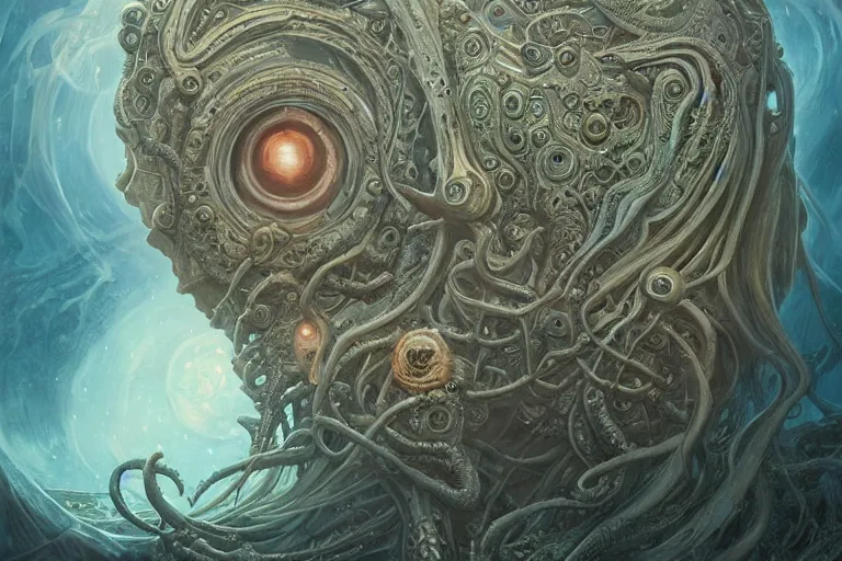 Image similar to a lovecraftian painting of cthulhu face of cosmic horror, cosmic horror elements, ultra realistic, concept art, intricate details, eerie, highly detailed, photorealistic, octane render, 8 k, unreal engine. art by artgerm and greg rutkowski and alphonse mucha