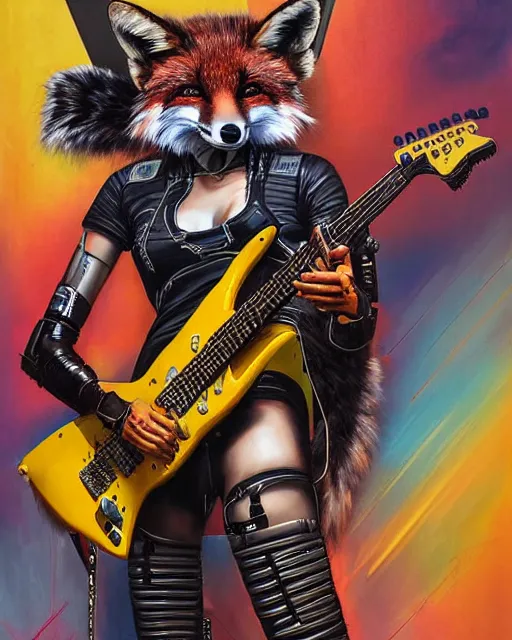 Prompt: a portrait of an anthropomorphic cyberpunk female fox, shredding an electric guitar by sandra chevrier, by jon foster, detailed render, epic composition, cybernetics, 4 k realistic, fender stratocaster, cryengine, realistic shaded lighting, sharp focus, masterpiece, by enki bilal