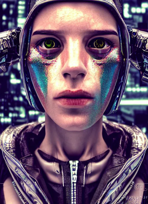 Image similar to portrait, 3 5 mm lomography, robot bouncer, gang clothing, fashion, id magazine, hyperrealism, detailed textures, photorealistic, 3 d cyberpunk apocalyptic city, ultra realistic, cinematic, intricate, cinematic light, unreal engine 8 k,, david kostic, artgerm