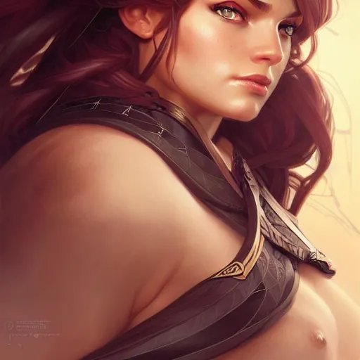 Prompt: Portrait of curvy female ranger, D&D, amber eyes, face, long hair, proportionate body, sassy, fantasy, intricate, elegant, highly detailed, digital painting, artstation, concept art, smooth, sharp focus, illustration, art by artgerm and greg rutkowski and alphonse mucha