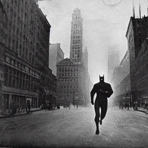 Prompt: old black and white photo, 1 9 1 3, depicting batman from dark knight running through the bustling streets of new york city, rule of thirds, three - point perspective, historical record