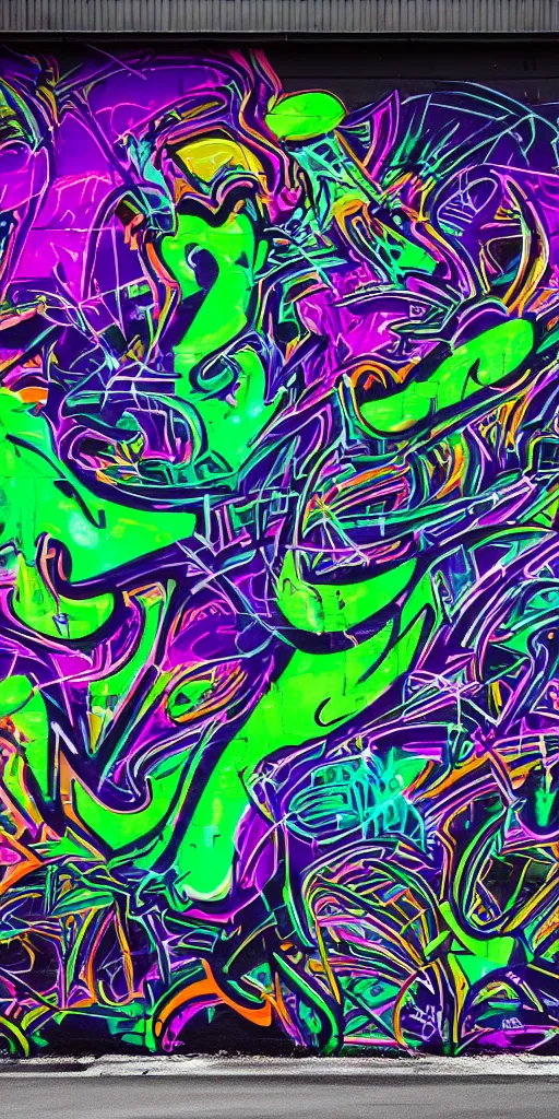 Prompt: Psychedelic graffiti on the garage wall Magic Jungle. Colours - black, purple shades, dark green. Cinematic lightning, deep shadows. David Lozano. Resolution 4K.