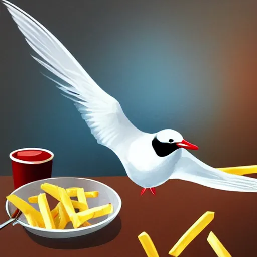 Image similar to A flying arctic tern holding french fries, illustration, storybook, Artstation